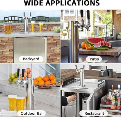 Dual Beer Tap Tower Dispenser with 1/4" Barb Fitting, Draft Kegerator Tap Tower Keg Tower Stainless Brass Core Self-Closing Beer Faucet Brewing Tower Dispenser with Pre-assembled Lines Kit