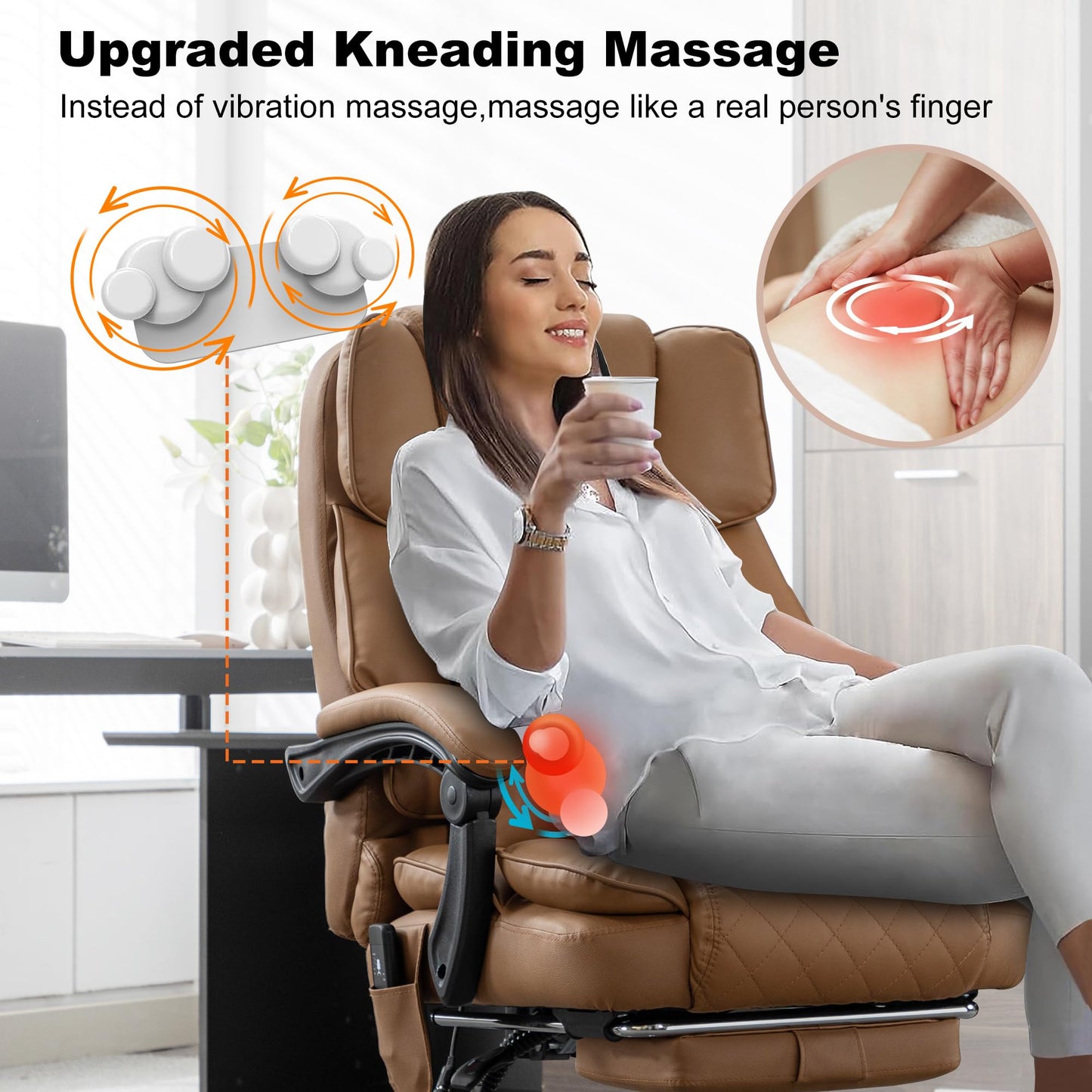 BOWTHY Kneading Massage Executive Office Chair with Heated,90-135° Reclining Office Chair with Footrest,Computer Desk Chair with Wheels,Diamond-Stitched Cushion Leather Office Chair (Brown)