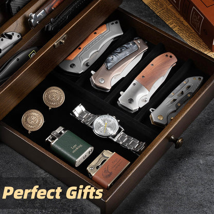Knife Display Case Knife Collection Display Holder with Glass Lid, 2-Layer Wooden Pocket Knife Case with Drawers