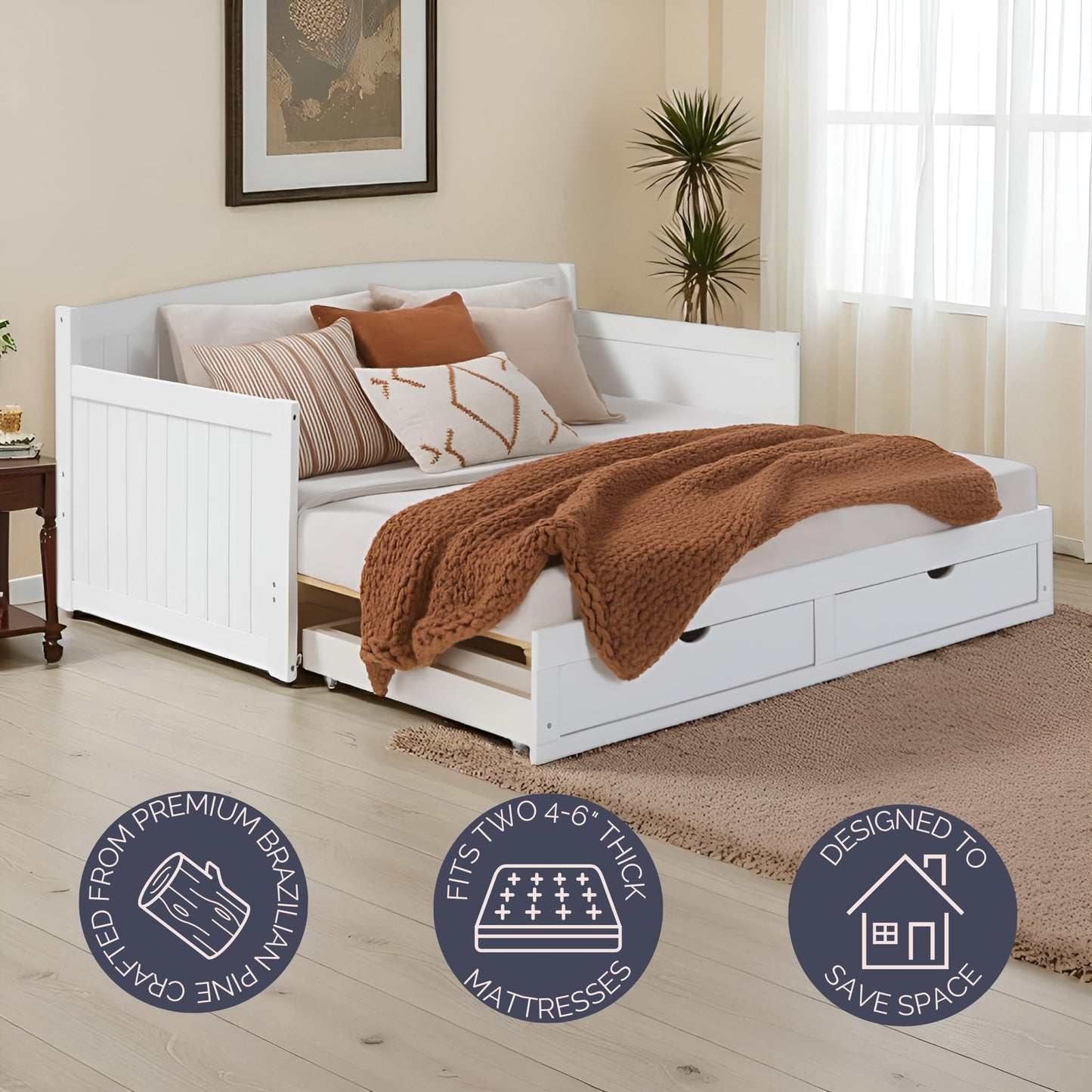 Alaterre Furniture Harmony Twin to King Daybed with Pop Up Trundle Bed - Solid Wood Twin Day Bed with 2 Pull-Out Storage Drawers and 400lb Capacity - For Kids, Guest Room, Living Room (White)