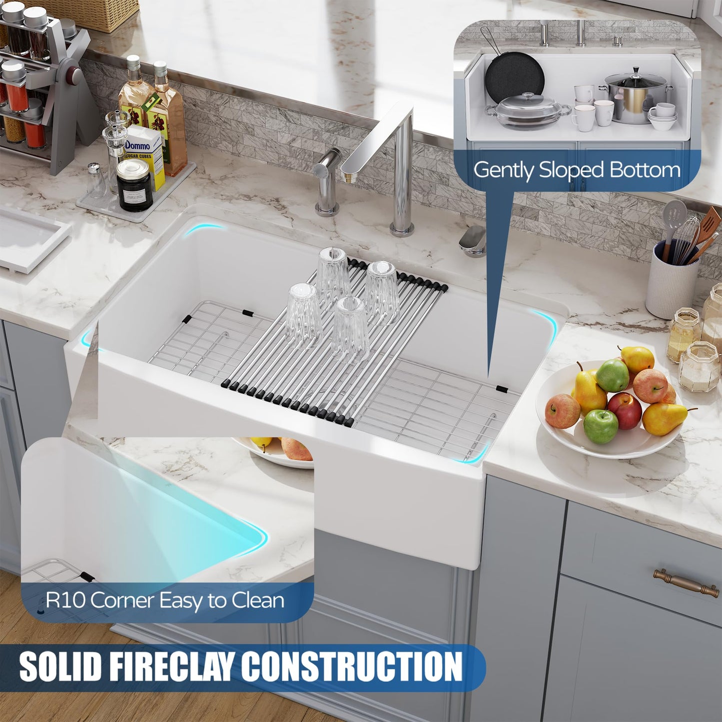 33 White Farmhouse Sink Workstation, Hugsleek Undermount Farm Kitchen Sink 33x21 inch Apron Front White Porcelain Ceramic Fireclay Sinks Ledge Accessories Under Counter Single Bowl Farmer Sinks Basin