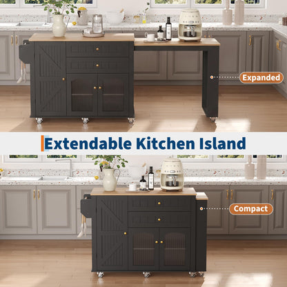 78.3” Rolling Kitchen Island with Extendable Table, Storage Cabinet, Drawers & Shelves, White Modern Mobile Island Cart on Wheels, Farmhouse Wood Island Table for Kitchen, Dining Room, Home Bar