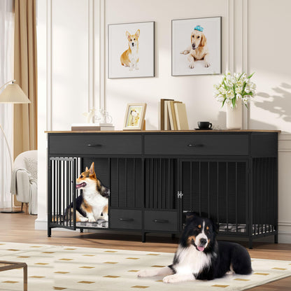 YITAHOME 74.8" Double Dog Crate Furniture with Dog Feeder, Heavy Duty Indoor Dog Kennel TV Stand with Drawers, Sturdy Dog Kennel with Divider for 2 Medium Large Dogs, Black