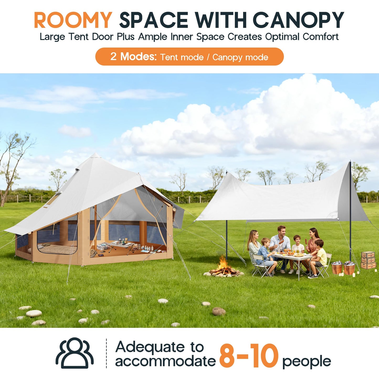 SPECRAFT Canvas Bell Tent for Camping, Waterproof Glamping Yurt Tent with Canopy & Stove Jack, Breathable Mesh 4-Season Family Shelter for Outdoor Camping, Parties, 8–10 Person