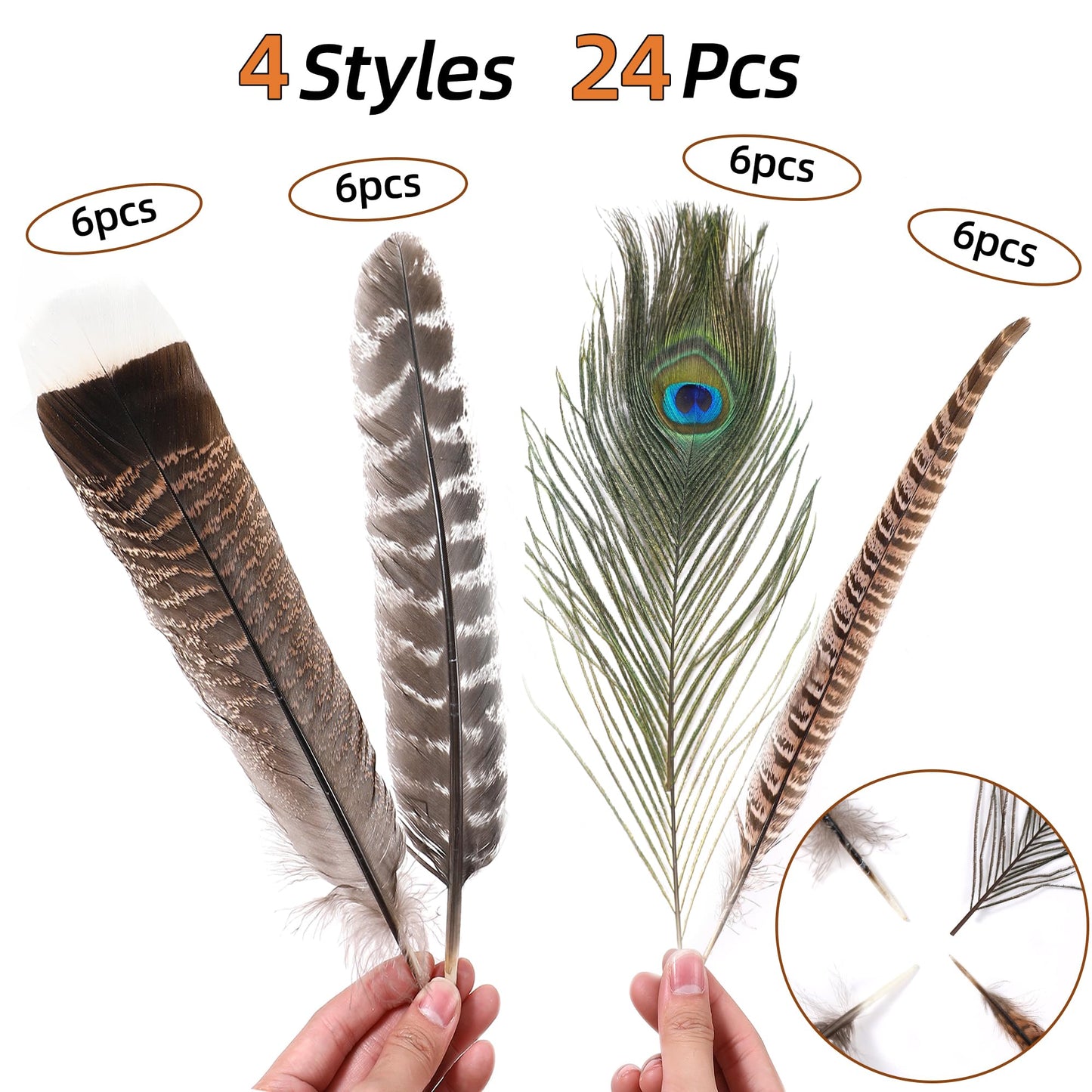Ballinger 8-12inch 4 Styles 24Pcs Assorted Pheasant Feathers and 24 Pcs 10-12inch Black Ostrich Feaathers for Crafting Vase Hat Wedding Autumn Party Decor