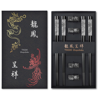 TIICOO Dragon & Phoenix Stainless Steel Chopsticks Set - 4 Pairs 18/8 (304) Metal Chopsticks with Holder - Chinese Traditional Gift Set, Non-Slip, Dishwasher Safe, Elegant Black Gift Box