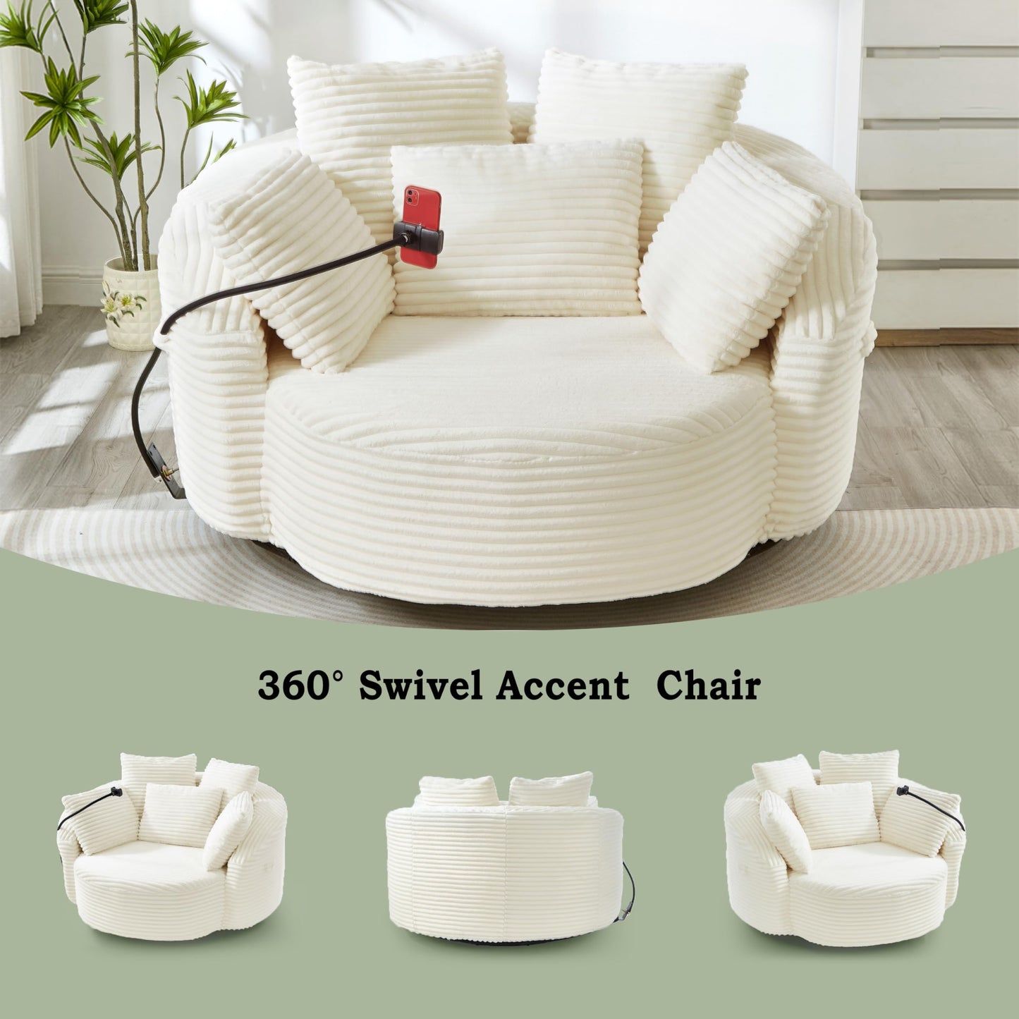 ERYE 360° Swivel Accent Barrel Chair Round Sofa Chaise with 5 Pillows and Adjustable Phone Holder, Modern Round Lazy Armchair for Living Room, Bedroom, Office and Hotel