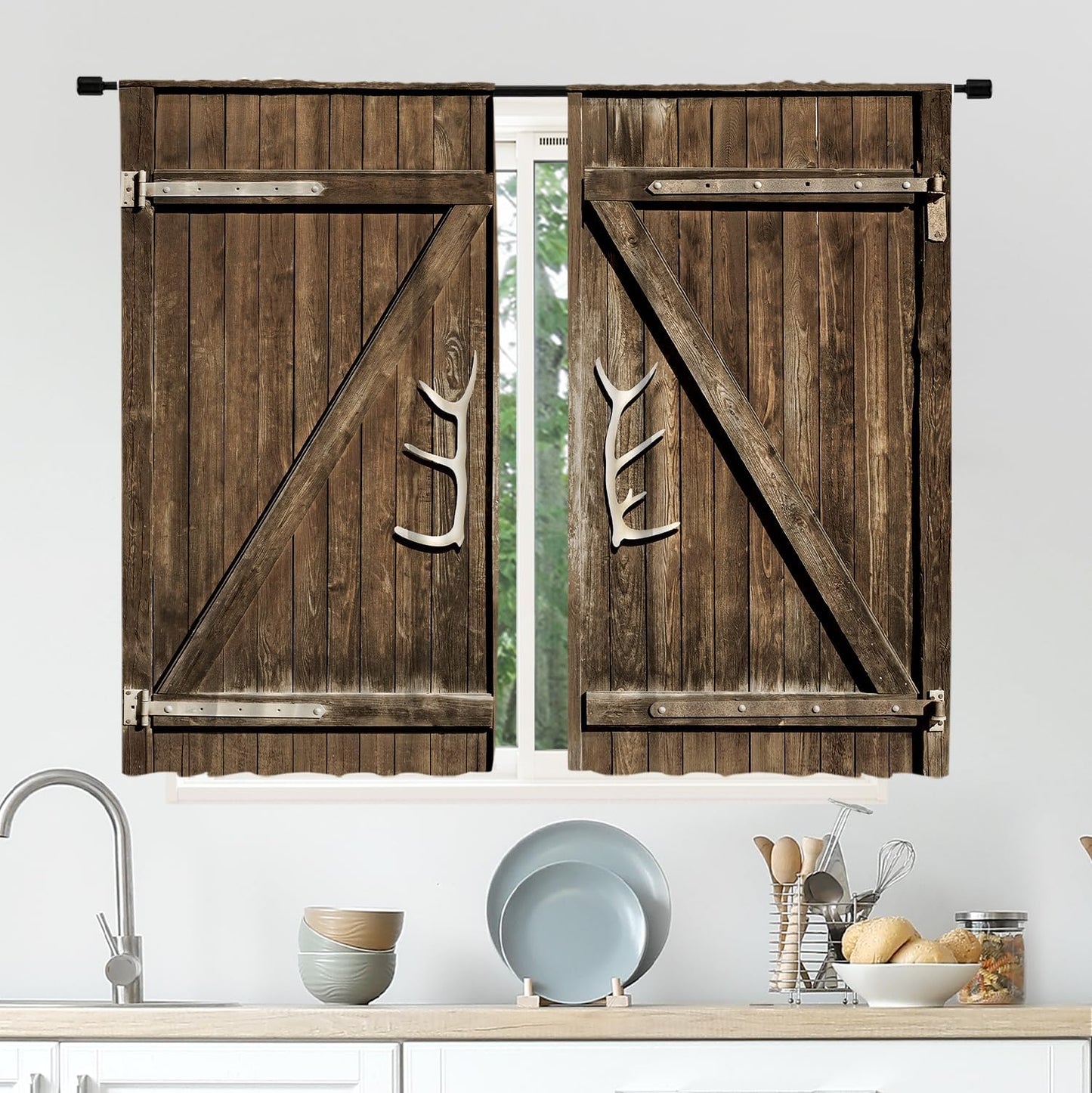 Cinbloo Farmhouse Kitchen Curtains, Rod Pocket 27.5W x 39L Inch Brown Barn Door Vintage Country Design, 2 Panels Set