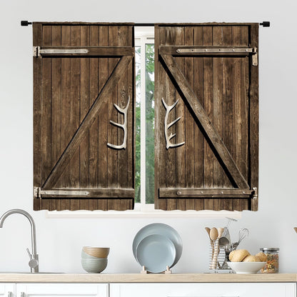 Cinbloo Farmhouse Kitchen Curtains, Rod Pocket 27.5W x 39L Inch Brown Barn Door Vintage Country Design, 2 Panels Set