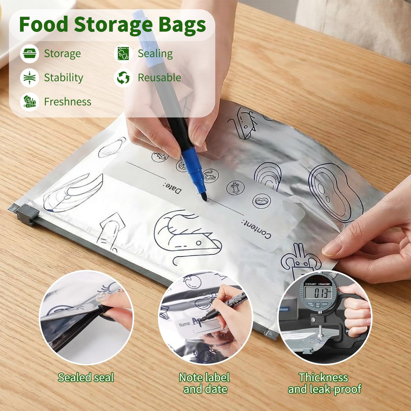 30 Pack Reusable Sealable Aluminum Foil Storage Bags + 10 Pack Leakproof Dishwasher Safe Silicone Freezer Bags - BPA Free Zipper Pouches for Vegetable Fruit Meat, Stand Up Aluminum Foil Storage Bags