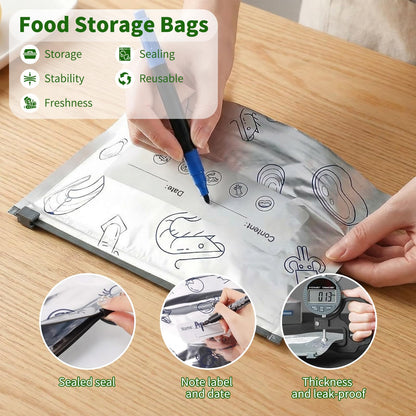 30 Pack Reusable Sealable Aluminum Foil Storage Bags + 10 Pack Leakproof Dishwasher Safe Silicone Freezer Bags - BPA Free Zipper Pouches for Vegetable Fruit Meat, Stand Up Aluminum Foil Storage Bags