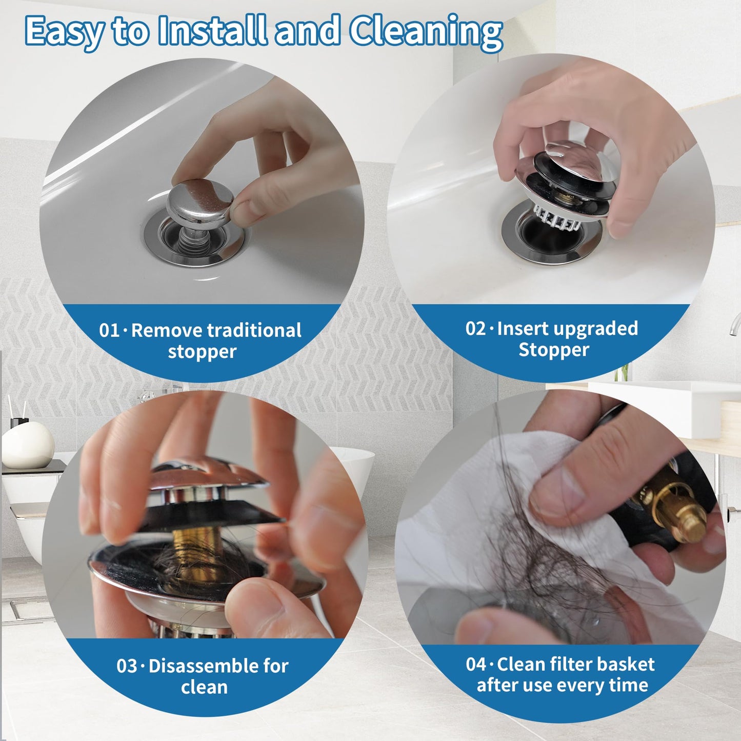 Universal 3 in 1 Bathtub Drain Stopper, Pop up Tub Stopper Bathtub Drain with Filter Basket, Anti-Clogging Bath Tub Drain Stoppers Fit 1.45-1.8” Hole,Bathtub Drain Hair Catcher