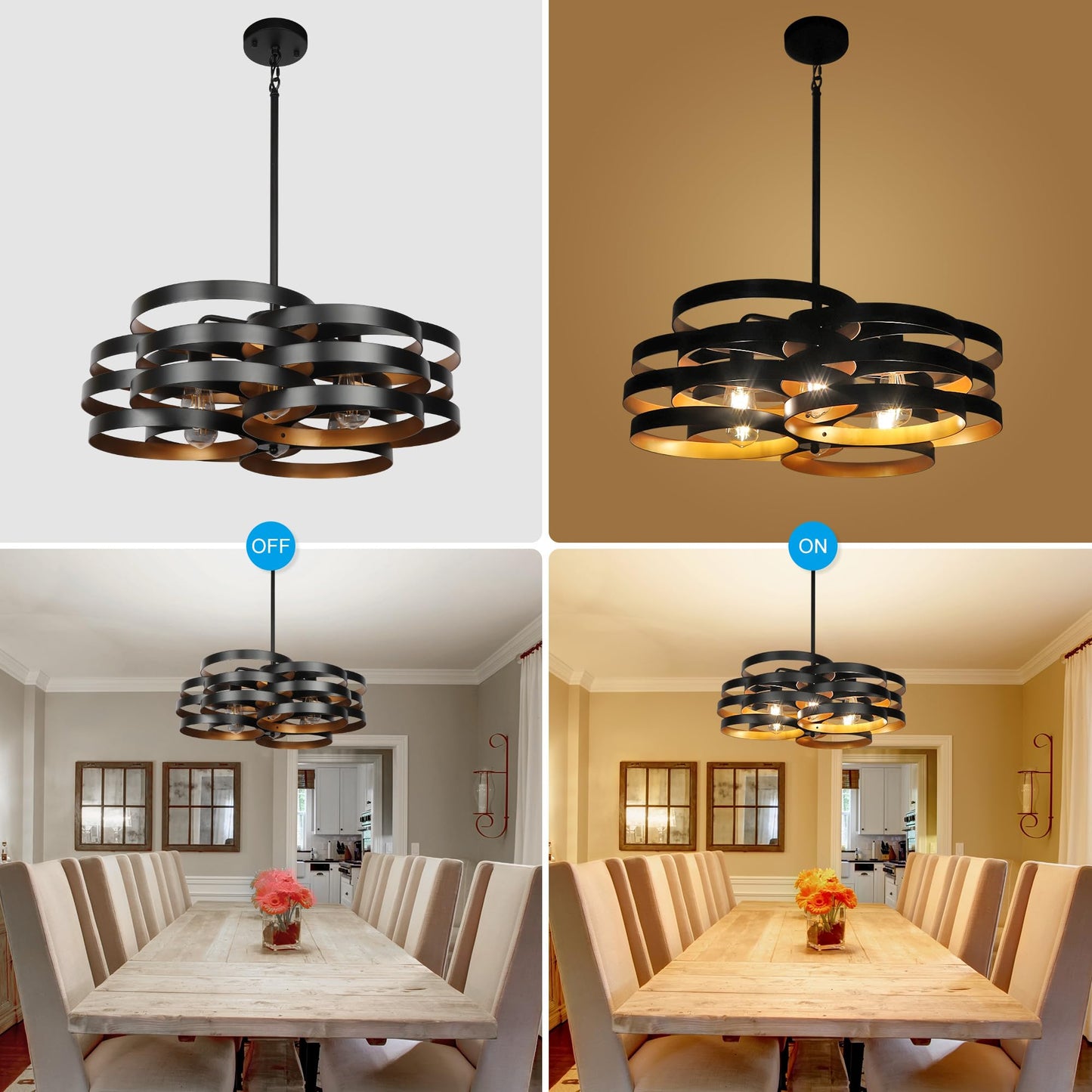 CNRATYE 6-Light Modern Farmhouse Chandeliers for Dining Room, Rustic Multiple Rings Pendant Lighting, Industrial Metal Round Chandelier for Kitchen Entryway, Black with Gold Interior