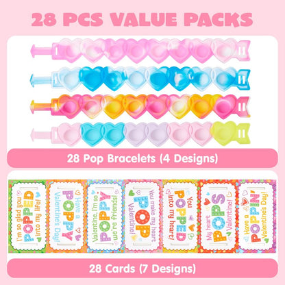 JOYIN 28 PCS Valentine's Day Gifts Cards with Heart Pop Fidget Bracelets, Stress Relief Pop Bubble Fidget Toys for Kids Girls Boys Valentines Classroom School Exchange Gifts, Party Favor Prizes