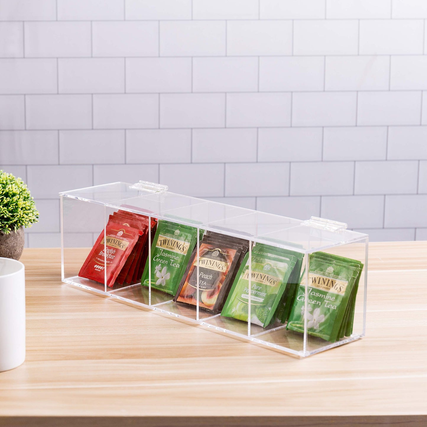 MyGift Acrylic Tea Bag Organizer Box with 5 Compartments and Hinged Lid, Drink Packet Storage Box, Kitchen Countertop Caddy Pantry for Assorted Teas and Condiments, Modern