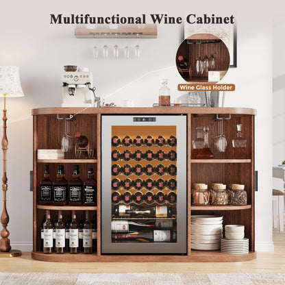 Jocoevol 53" Fluted Coffee Bar Cabinet with Sliding Doors, Wine Bar Cabinet with Charging Station & Glass Holder, Modern Liquor Whiskey Buffet Sideboard for Dining Room, Living Room, Kitchen (Walnut)