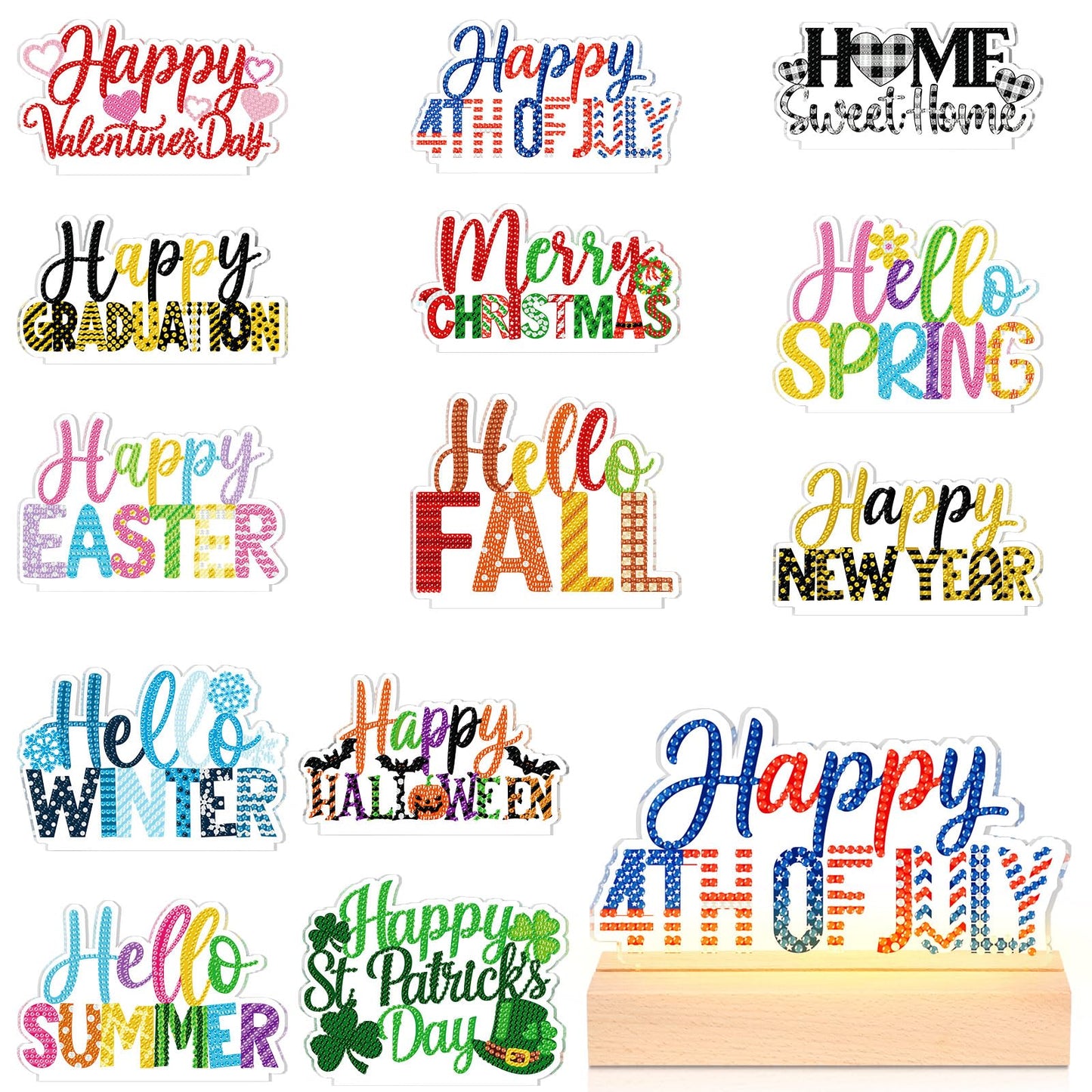 Chunful 13 Pcs Seasonal Diamond Art Tabletop Interchangeable Holiday Diamond Art Painting Kit with Wooden Light Base for 4th of July Summer Table Tiered Tray Home Office Tabletop Centerpiece Decor