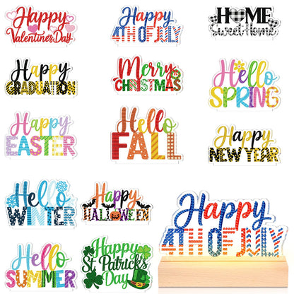 Chunful 13 Pcs Seasonal Diamond Art Tabletop Interchangeable Holiday Diamond Art Painting Kit with Wooden Light Base for 4th of July Summer Table Tiered Tray Home Office Tabletop Centerpiece Decor
