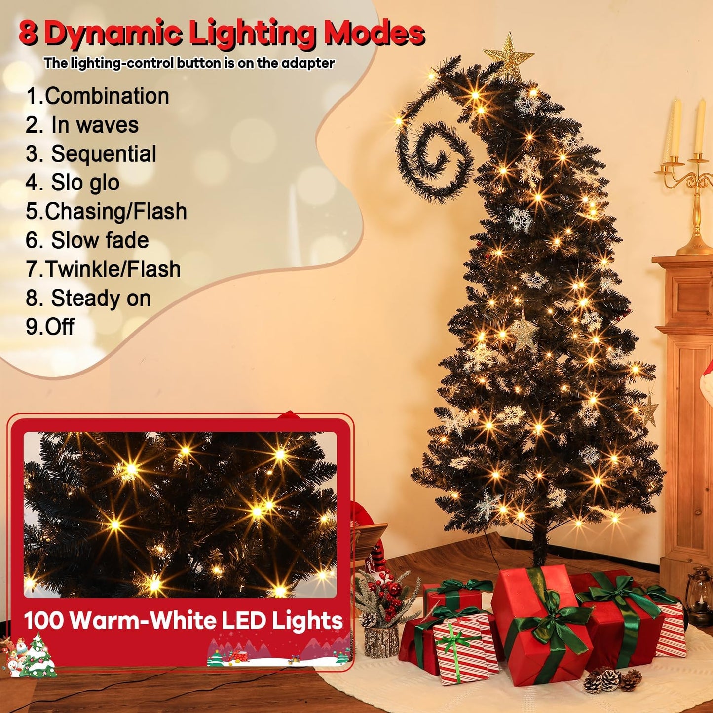 5 Ft Nightmare Before Bent Top Christmas Tree with String Lights Bendable Unique Whimsical Crooked Slim Xmas Tree Holiday Witch Party Decorations Supplies for Home Room (Black)