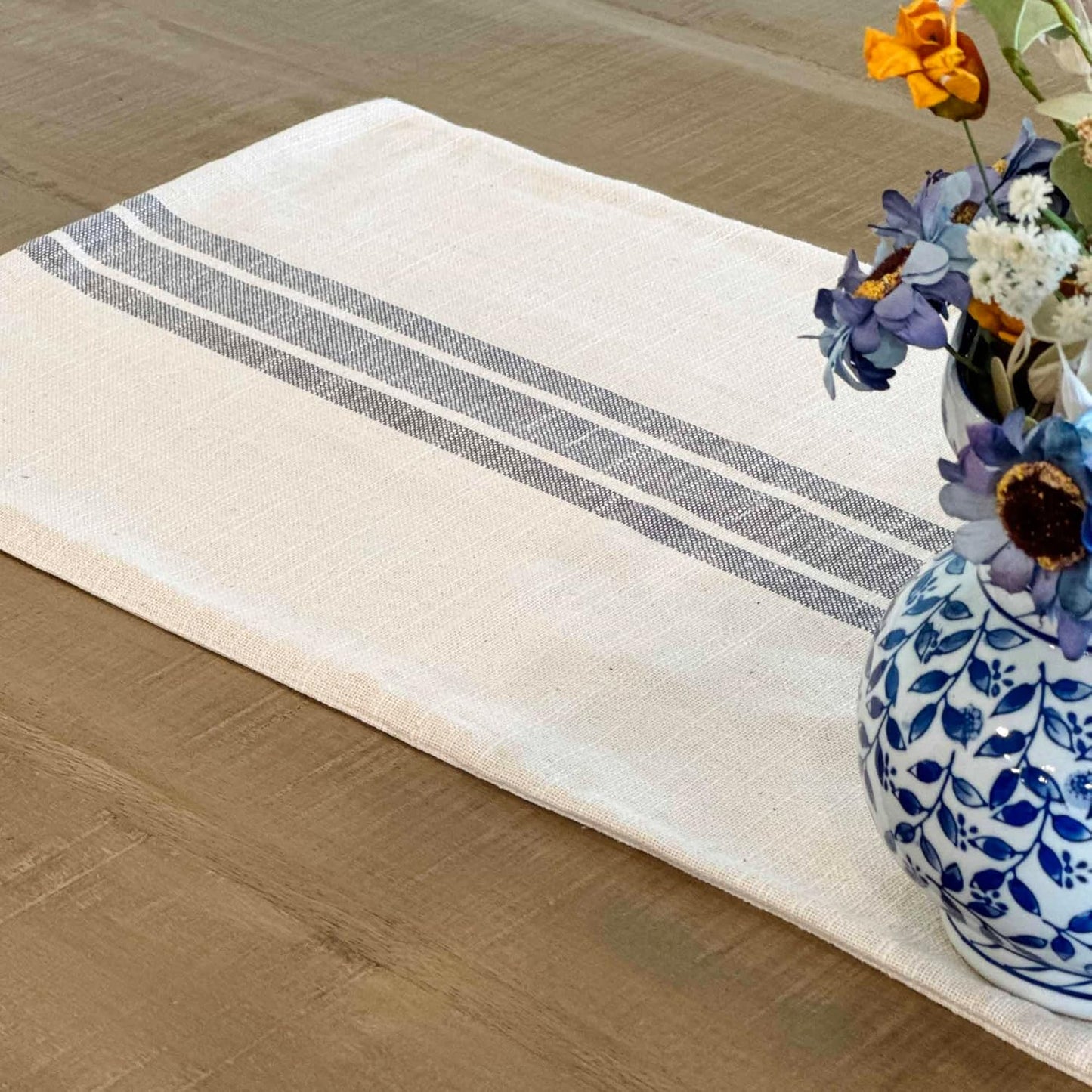 Market Place Gray Grain Sack Stripe Table Runner, 13" x 72", Farmhouse Style Gray and Cream Tabletop D cor