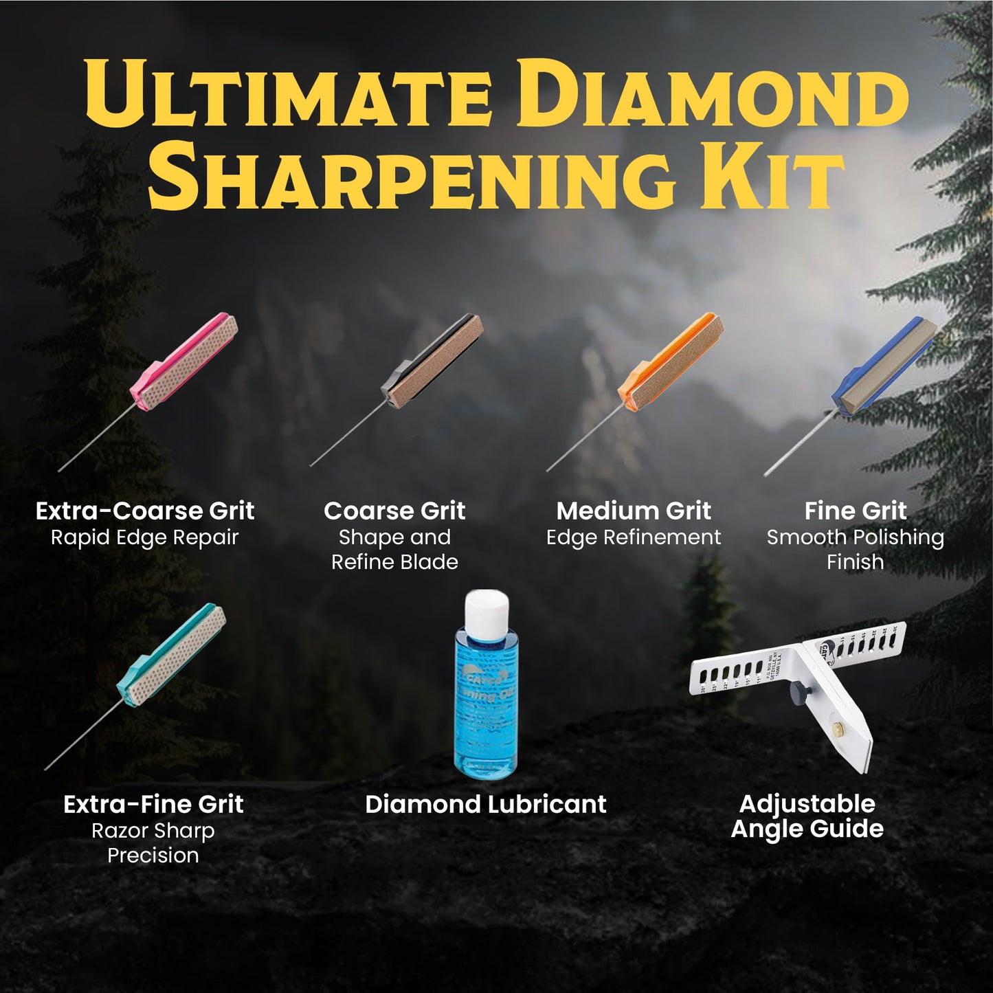 GATCO Ultimate Diamond Knife Sharpening Kit – Professional 5-Stone Guided Sharpener System with Coarse, Medium, Fine & Serrated Hones | Precision Tool w/Oil & Case for Kitchen, Field & Hunting Knives