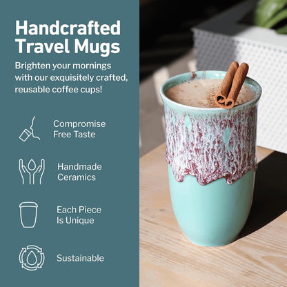 16oz NOVA CERAMICS Travel Mug On the Go Coffee Tumbler Microwave & Dishwasher Safe Green Tumbler - Gifts For Women Men