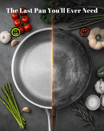 VEDNHOL Titanium Pan, 12 Inch Pure Titanium Hammered Pro frying pan with Lid, Non-Toxic Skillet for Cooking, PFAS/PFOA/PTFE Free Cookware, Dishwasher&Oven Safe, Kitchen Induction Compatible
