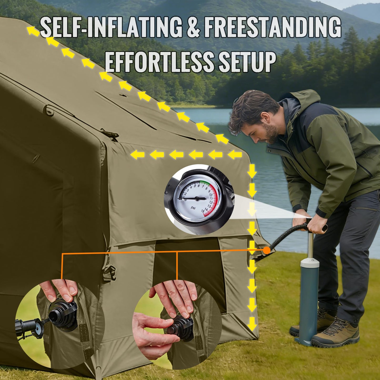 AORZCOR Inflatable Camping Tent with Stove Jack, 2-4 Person, Glamping Tents House, Easy Setup Tent for 4 Seasons, Waterproof Inflatable Hot Tent (Green)