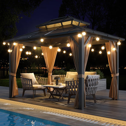 10x12 ft Permanent Aluminum Gazebo with Double-Layer PC Roof, Sturdy Metal Pavilion Canopy, All-Weather Outdoor Sunshade Structure with Retractable Curtains for Patio, Backyard, Garden, Deck