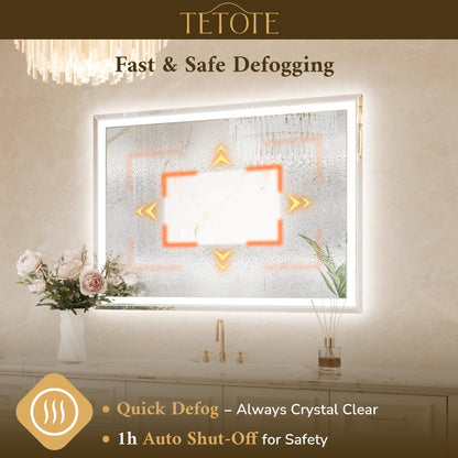 TETOTE 72 x 36 Inch Led Lighted Mirror for Bathroom Wall, Extra-Bright Beveled Bathroom Vanity Frontlit & Backlit Frameless Mirror with 3-Color Lights, Defogging, Tempered Glass, Waterproof