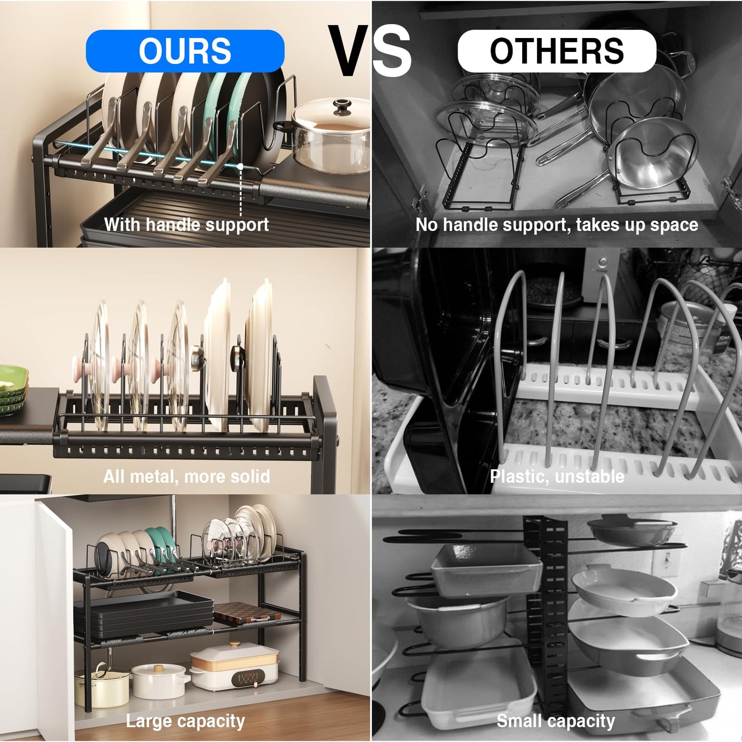 Mustorn Pots and Pans Organizer Under Cabinet, Expandable 2 Tier Under Sink Organizers and Storage Adjustable Height Kitchen Pot and Pan Lid Holder Rack with 12 Dividers Under Cabinet Shelf(Black)