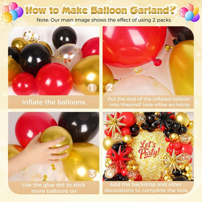 PTGOLUO 153Pcs Red and Black Gold Balloons Garland Arch Kit with Stars - 22 18 12 10 5 inch Different Latex Balloons for Anniversary Casino Night Hollywood New Years Movie Night Prom Party Decorations