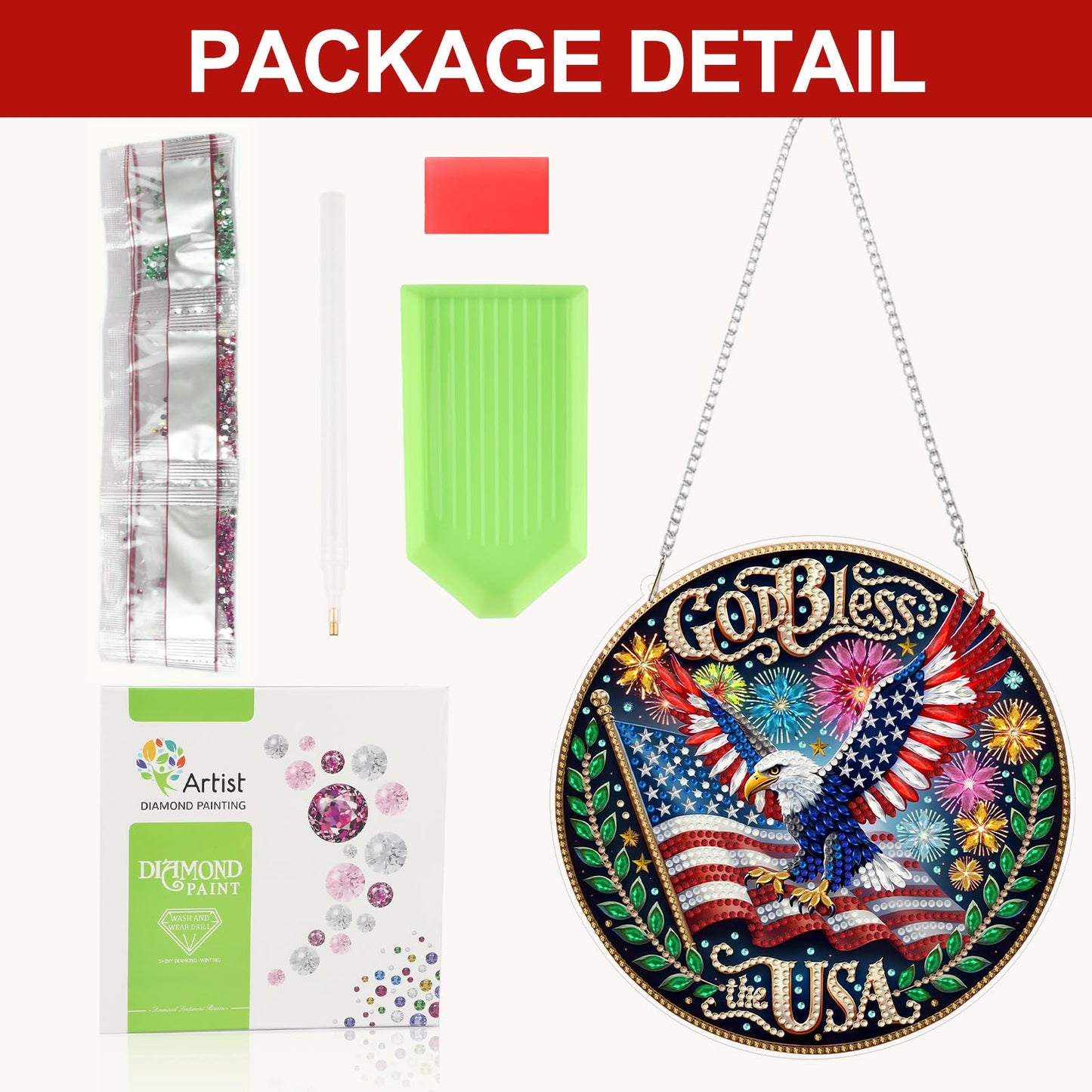CEOVR Bald Eagle Hanging Diamond Art for Adults, Independence Day Diamond Painting Pendant American Flag DIY Gem Art Wall Ornament, Acrylic Home Garden Decor with Chain, Box Kit 7.79×7.77inch