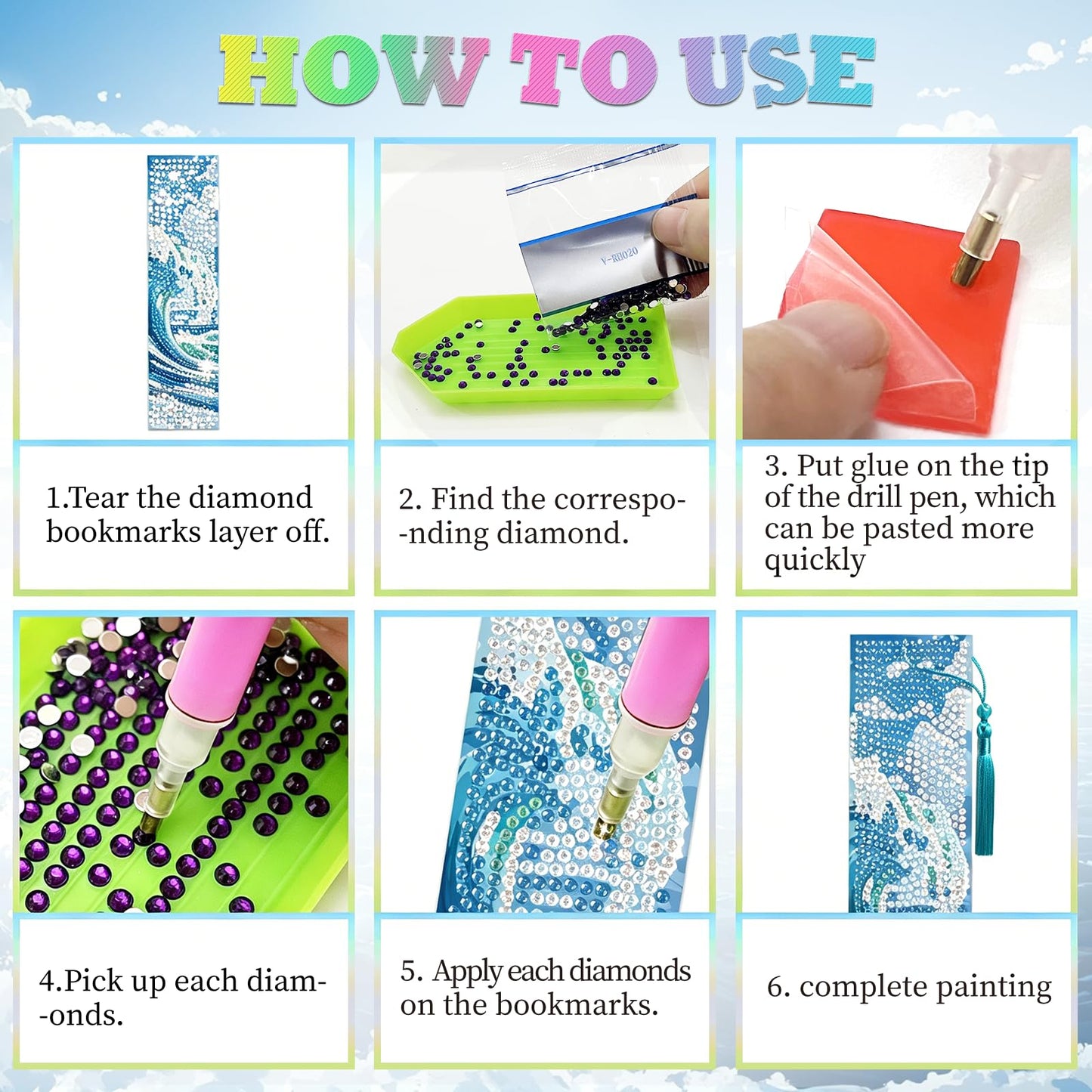 beinkmake 6Pcs 5D Diamond Painting Bookmarks Kit, Ocean Theme DIY Diamond Art Book Marks with Tassels, Diamond Dotz Bookmark Set for Adults Kids Beginners Craft Gift
