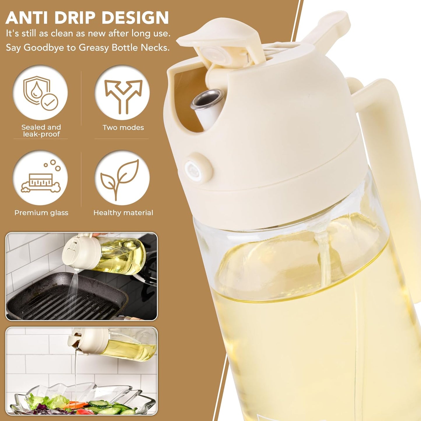2 1 16oz/470ml in Oil Dispenser and Oil Sprayer for Cooking, Glass Olive Oil Dispenser Bottle Kitchen Gadget & Air
