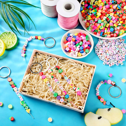 Landical 564 Pcs DIY Fruit Bead Keychain Kit Summer Key Chain Making Craft Adjustable Letter Beads String Mama Tropical Gift Alphabet Jewelry Backpack Accessories Holiday Party Favor(Lucky Color)
