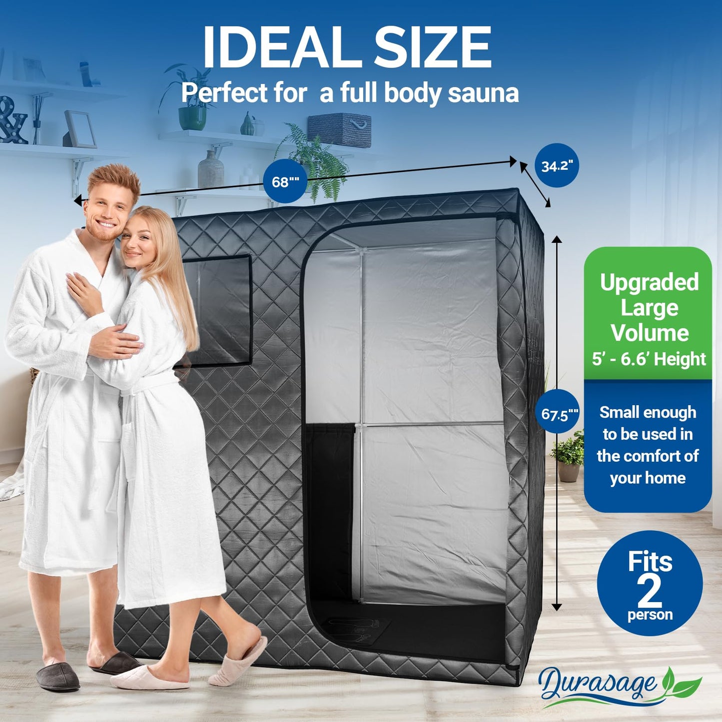 Durasage Portable Full Size Infrared Sauna for at Home Ultra Low EMF Infrared Panels LED Lighting, Heating Foot Pad, Ceramic Heat Fan (2-Person), Gray, Updated Version