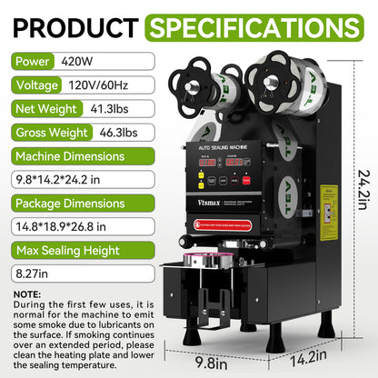 Vtsmax Automatic Cup Sealing Machine 90/95mm, 500-700 Cups/H Electric Cup Sealer with Counting LCD Panel for Bubble Tea, Milk, Juice, Coffee and Boba Shop etc. (Black)