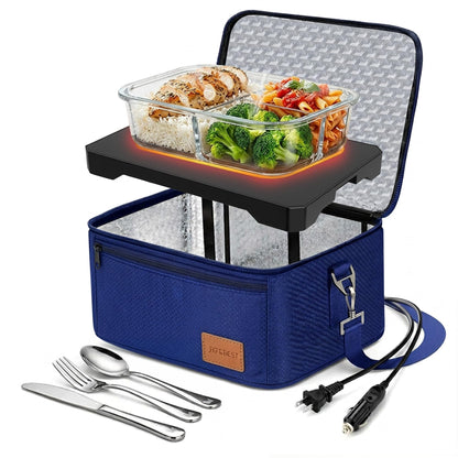 FORABEST Portable Microwave Food Warmer - Electric Lunch Box 80W with Insulated Bag and Utensils - 12V/24V Car/Truck & 110/220V Home/Office Use - Fits up to 10 x 7 x 5 Inches Containers - Blue