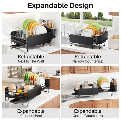 SNTD Dish Drying Rack - Large Dish Racks for Kitchen Counter, Expandable Dish Drainers with Cutlery Holder Stainless Steel Rustproof, Black