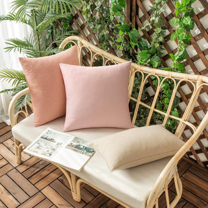 Woaboy Set of 2 Outdoor Waterproof Throw Pillow Covers Spring Valentine Decorative Farmhouse Linen Pillowcases Solid Cushion Cases for Patio Bedroom Living Room Sofa Chairs Light Pink 18x18 Inch