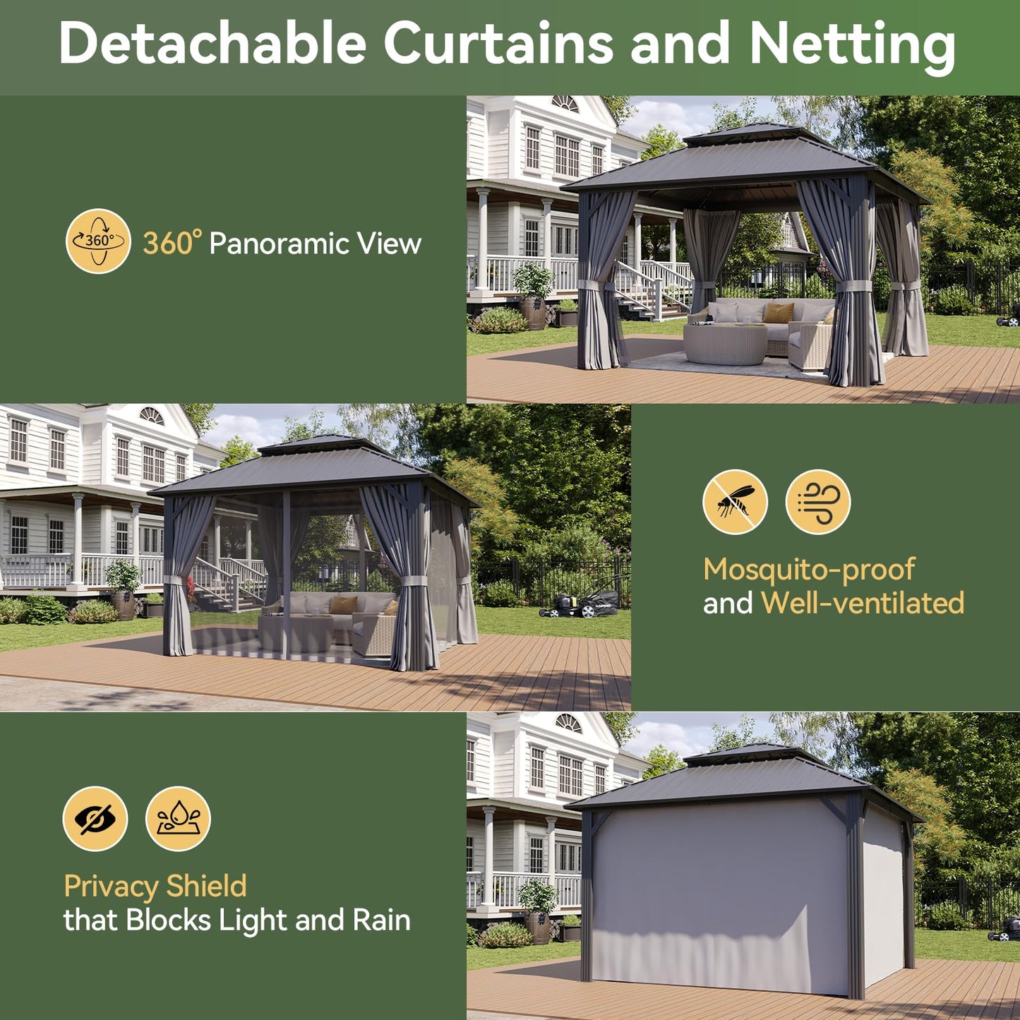 Aoxun 12Ft X 12Ft Hardtop Gazebo, Aluminum Metal Outdoor Gazebo with Breathable Netting and Curtains, Galvanized Steel Double Top, Permanent Patio Pavilion for Backyard, Wedding, Party