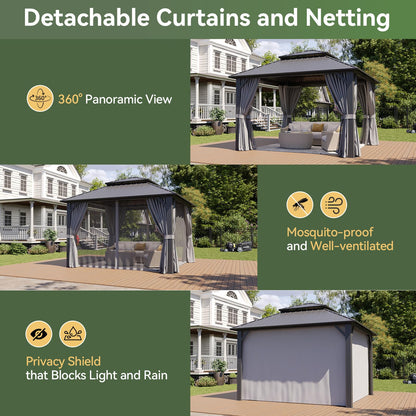 Aoxun 12Ft X 12Ft Hardtop Gazebo, Aluminum Metal Outdoor Gazebo with Breathable Netting and Curtains, Galvanized Steel Double Top, Permanent Patio Pavilion for Backyard, Wedding, Party