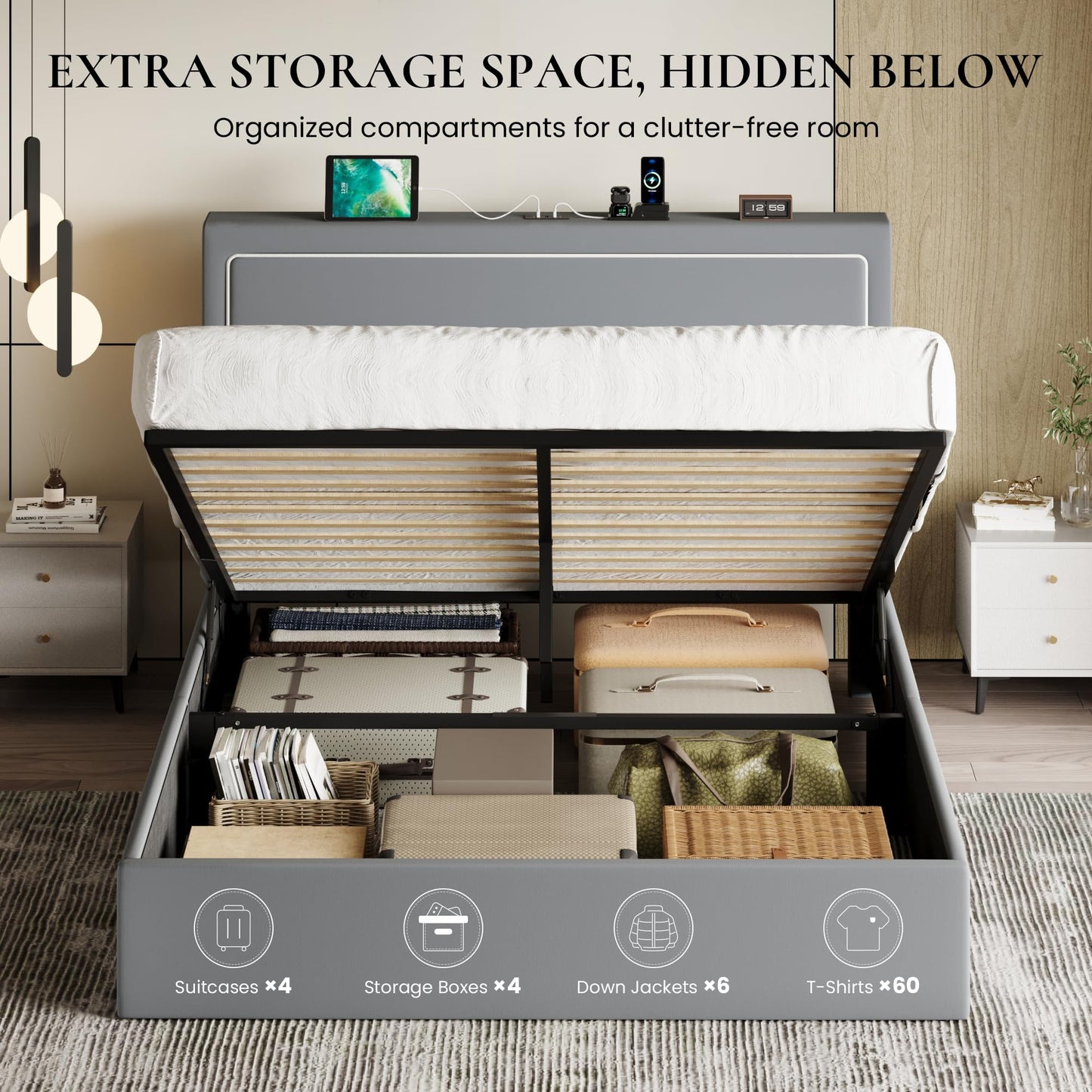 SHA CERLIN Queen Size Hydraulic Lift-Up Storage Platform Bed Frame with Charging Station, RGB LED Lights, Adjustable Velvet Headboard, USB-A and USB-C Ports, No Box Spring Needed, Grey