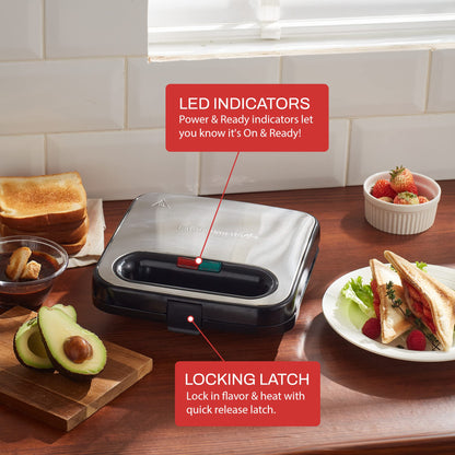 Elite Gourmet ESM2207XSS Sandwich Panini Maker Grilled Cheese, Machine Tuna Melt Omelets Non-stick Cooking Surface, 2 Slice, 750 Watts, Stainless Steel