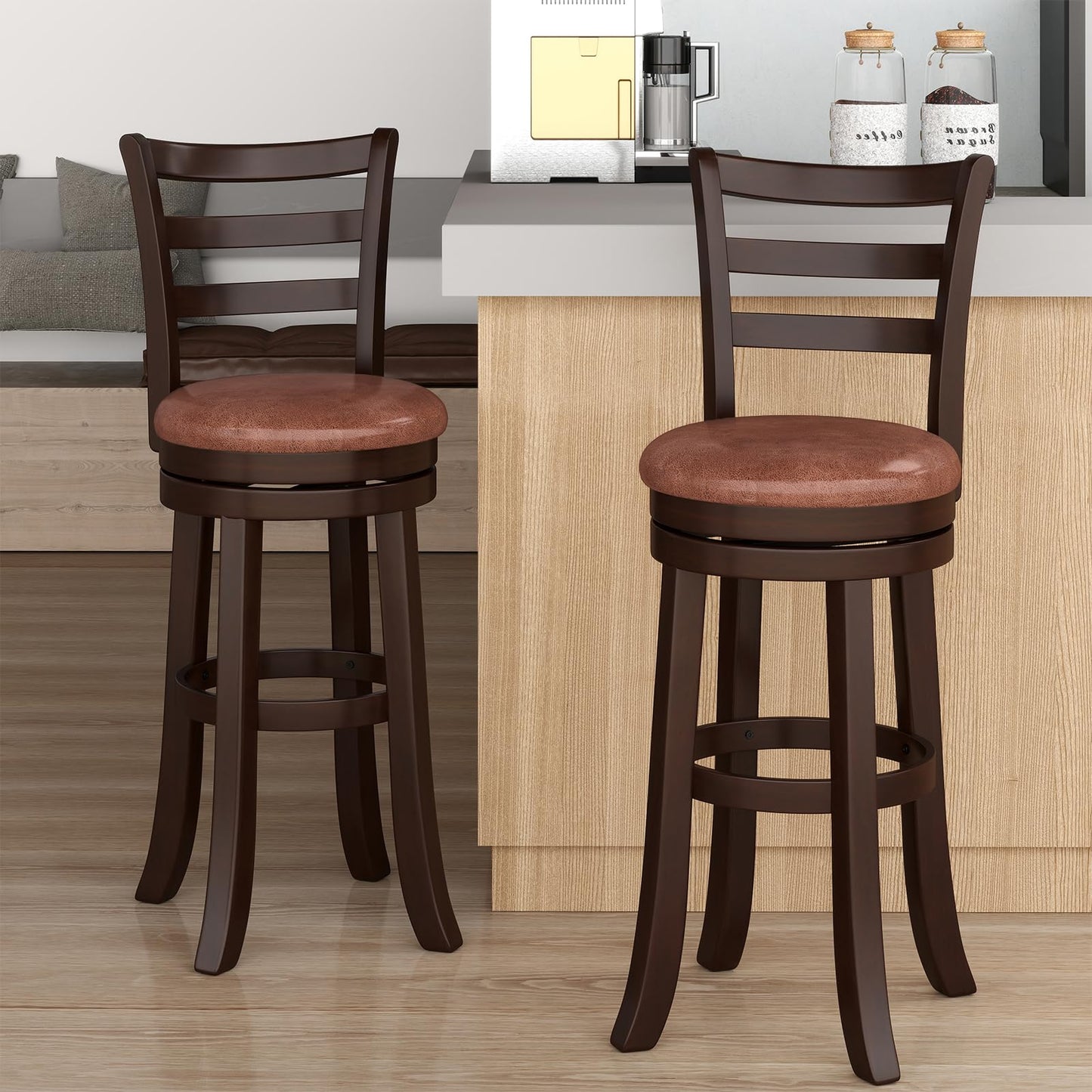 Giantex Swivel Bar Stools Set of 4, 30" Upholstered Counter Height Bar Chairs w/High Backrest, Faux Leather Seat, Solid Rubber Frame & Wrap-Around Footrest, Wooden Barstools for Kitchen Island, Pub
