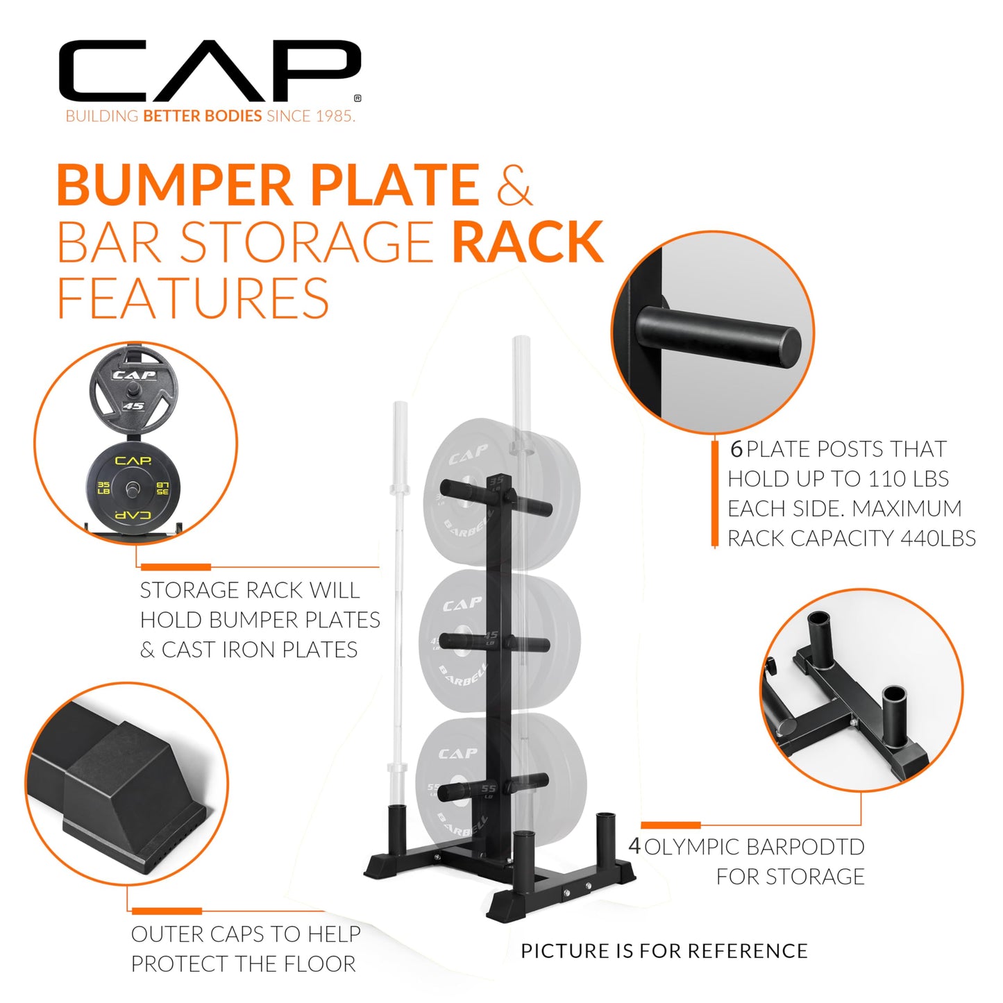 CAP Barbell 260 lb Elite Olympic Plate Set with Traditional Plate Rack & Barbell Storage | 6 Weight Posts + 4 Barbell Holders