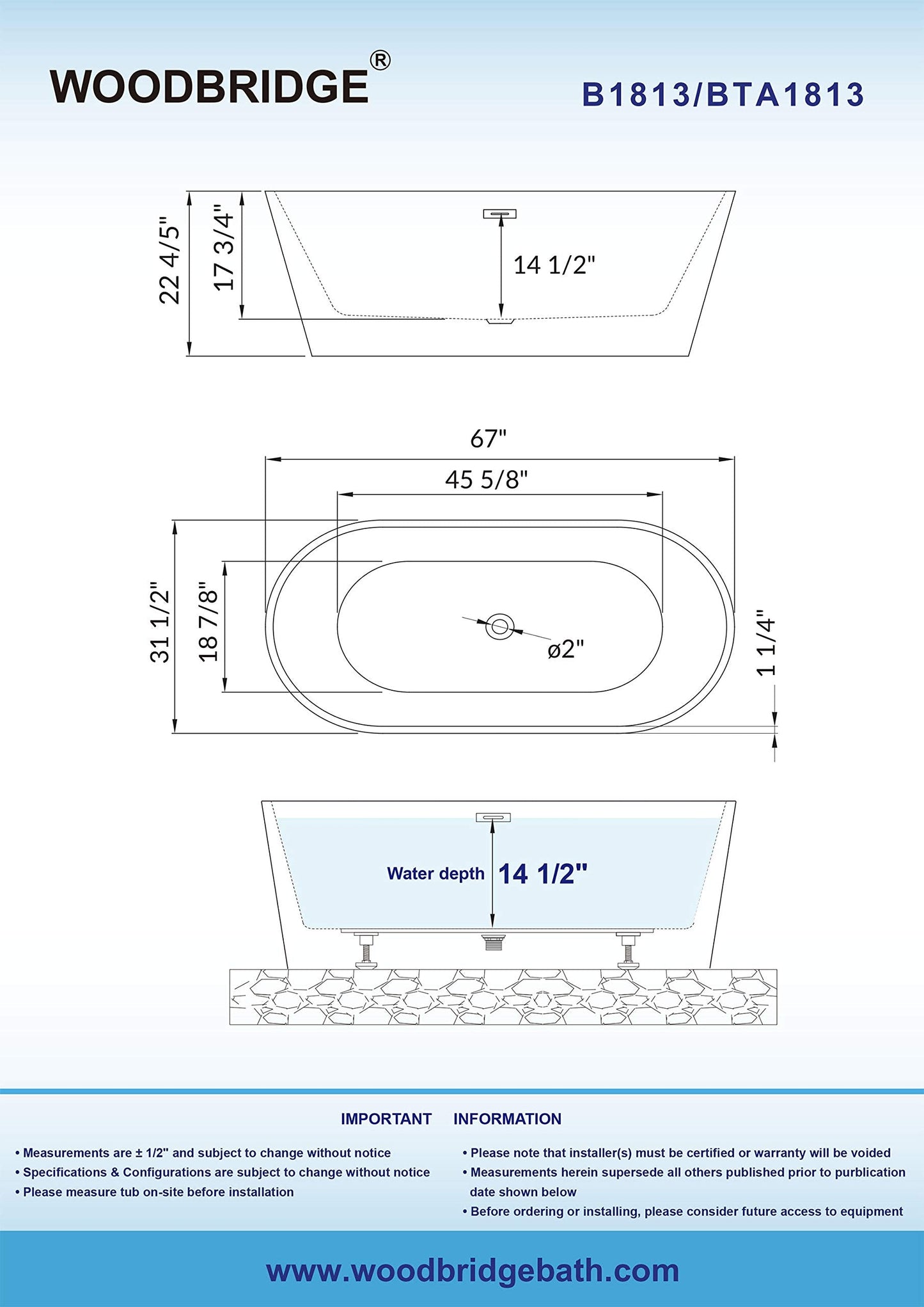 WOODBRIDGE 67" Freestanding Acylic Soaking Bathtub with White, Drain and Overflow in Matte, BTA1813-MB-Drain &O, Matte Black