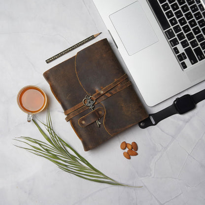 LEATHER VILLAGE Vintage Leather Journal – 200 Handmade Vintage Deckle Edge Paper – Leather bound Journal For Women Men – Vintage Key Closure - Book of Shadows - Cappuccino Brown - 6X4 inches (A6)