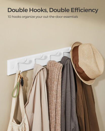 SONGMICS Wall-Mounted Coat Rack, Hook Rack, 5 Dual Metal Hooks, for Coats, Bags, Keys, in The Entryway, Bedroom, Living Room, White ULHR235W01